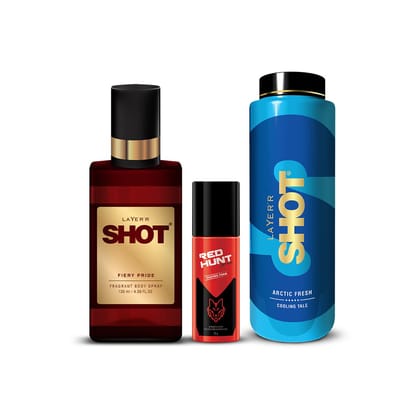 Layer'r Shot Fragrant Body Spray For Men- Pack of 3| Fiery Pride(130ml) & Cooling Talc (100 g) with Redhunt Shaving Foam | Long-Lasting & Skin-Friendly Premium Fragrance | Perfect For all occasions | For Men