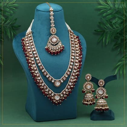 Maroon Color Meena Work Kundan Necklace Set (KN1458MRN)-Adjustable Rope / Maroon / Alloy With Good Quality Gold Plated