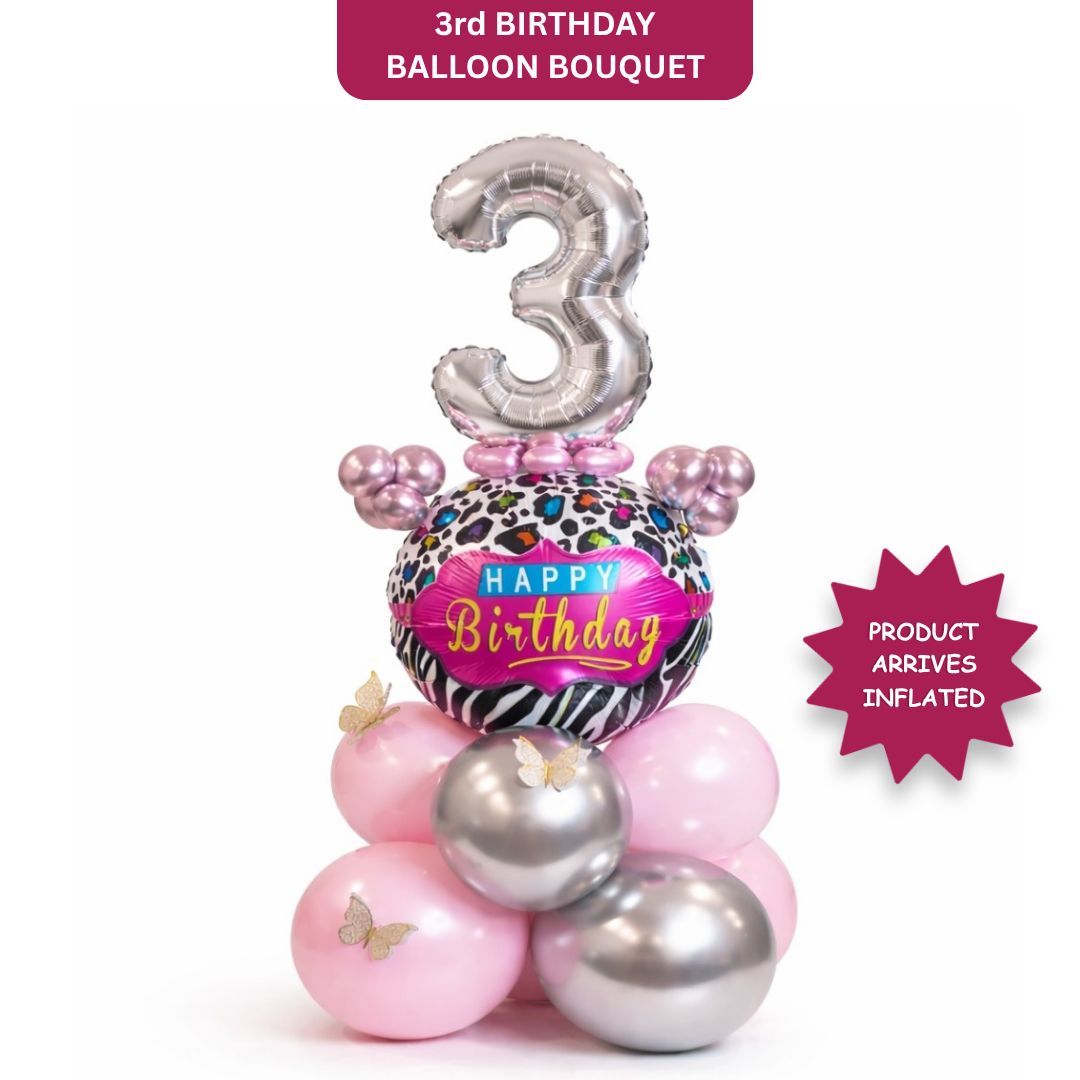 Designer Pink & Silver Balloon Bouquet Arrangement with 3D Butterflies for 3rd Birthday