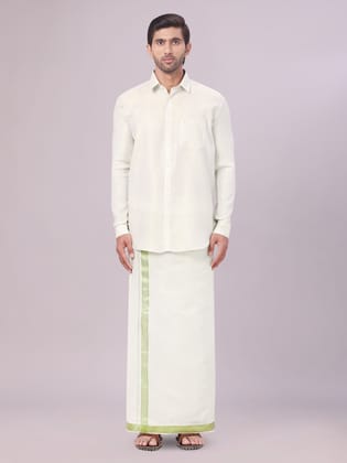 Mens Leaf Green Tissue Jacquard Shirt with Matching Dhoti Combo Zeus-36 / F/S / Leaf Green