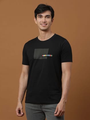 Estilocus Black Crew Neck Printed T Shirt-S