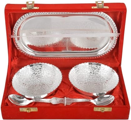 German Silver Bowl Set with Capsule Tray Round Bowl Stunning Spoons in Royal Velvet Gift Box for Wedding Return Gift