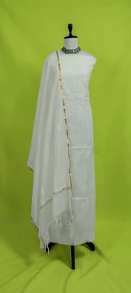 Mul Cotton Chikankari Dress Material with Dupatta in White and Ivory Mul Cotton Chikankari Dress Material with Dupatta in White and Ivory