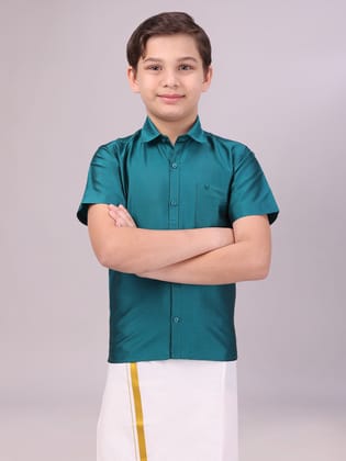 Boys Dupion Satin Dark Green Colour Half Sleeves Shirt Happy Boy-Kids 01 - 02 Yrs / H/S / Dark Green