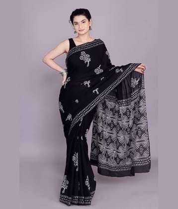 NOITAERCPR Cotton Printed Saree With Unstitched Blouse Piece ( Black )