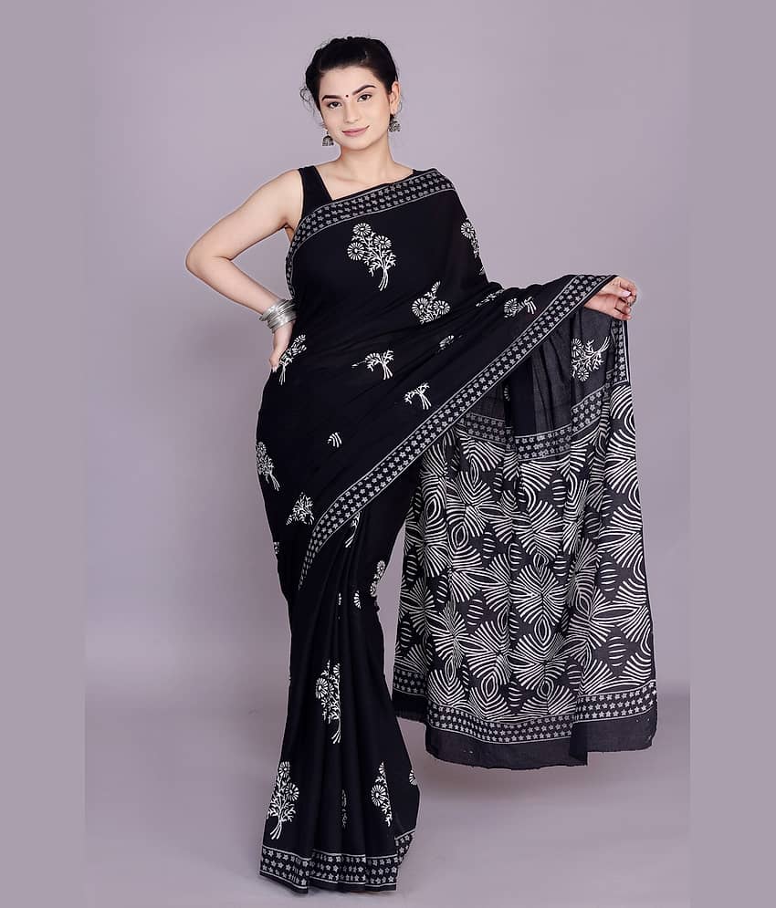 NOITAERCPR Cotton Printed Saree With Unstitched Blouse Piece ( Black )