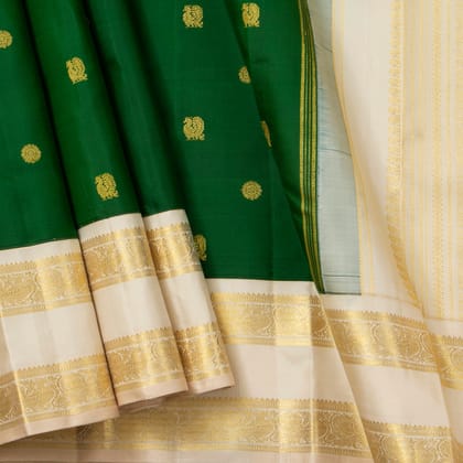 Bottle Green And Off White Kanchipuram Silk Saree With Rettai Pettu Border For Wedding Wear PV NYC 1623