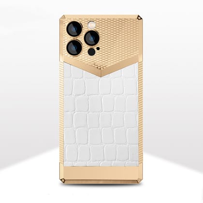 Gold Electroplated Croco Pattern Leather Luxury Cover-iPhone 13 Pro / Rich White