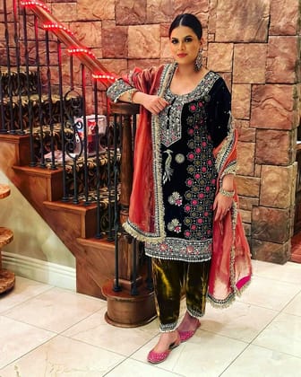 Shiv Textiles Women's Black Velvet Embroidered Top Palazzo Dupatta Set Size M Fancy Work Party Wear Ethnic Ensemble Winter Fashion Traditional Indian Outfit Ready to Wear