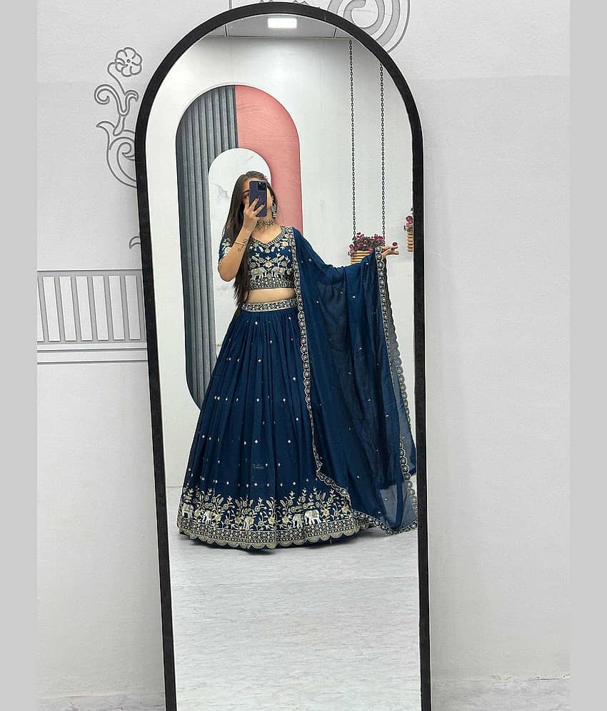 A TO Z CART Women Chiffon Flared Semi Stitched Lehenga Choli ( Turquoise )