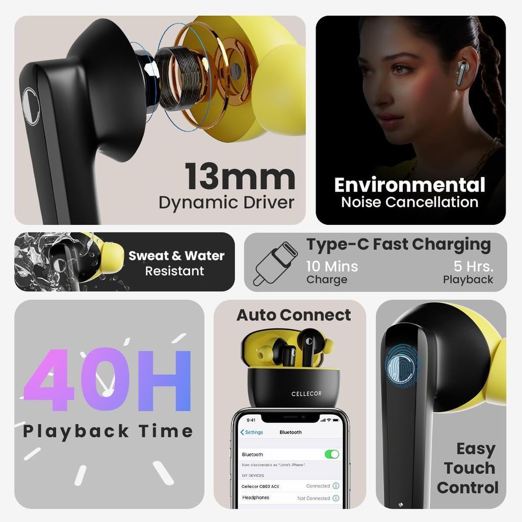 CELLECOR BroPods CB03-ACE TWS with 40 Hours Playtime, Automatic Pairing, HD Sound and 5.1V Bluetooth (Black-Yellow)