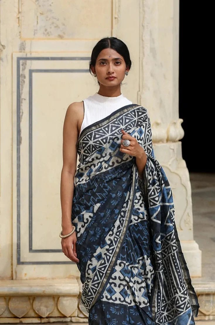 MOORA Indigo Prism Hand Block Print Chanderi Silk Cotton Saree Length 5.50 Meters Width 45 Inches with Blouse Piece 1 metre