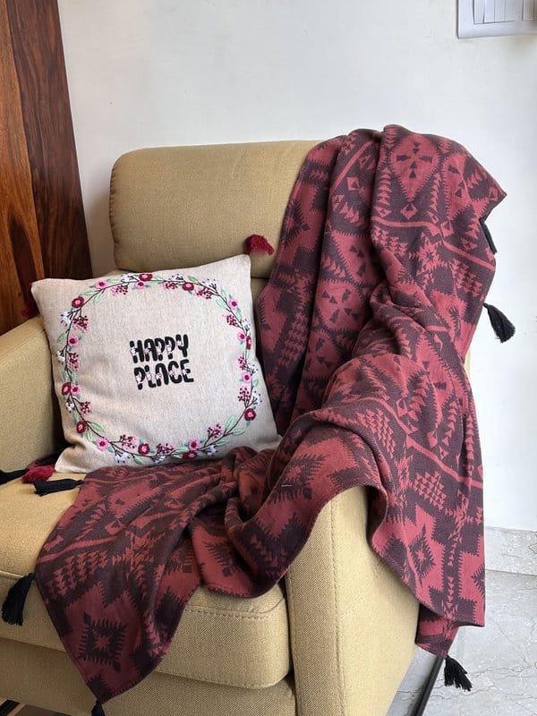 KRI India Melange Black & Red Sofa Throw | Deep red & black  | 40x60 inches  | Wash & Care | 100% Cotton | Handcrafted in India. 100% organic & natural.