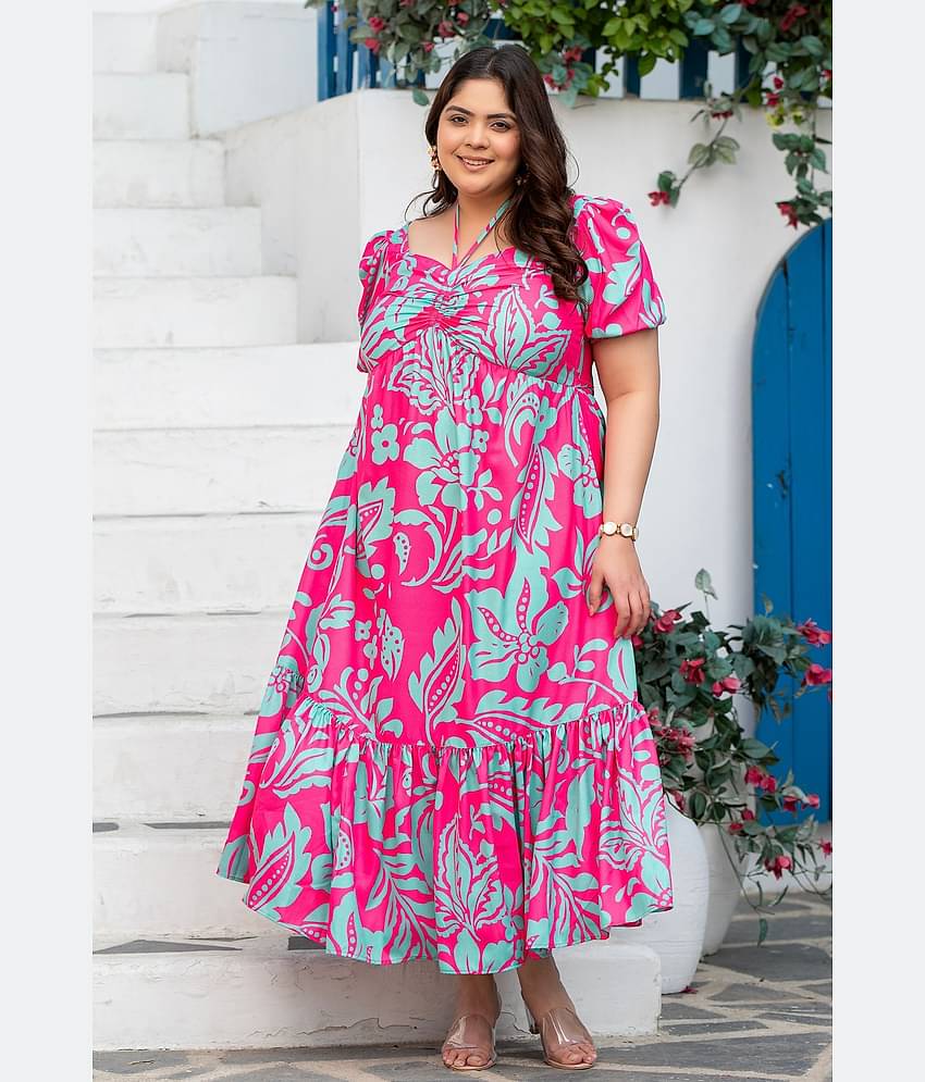 PrettyPlus by Desinoor.com Women Crepe Printed Fit & Flare Dress ( Pink )