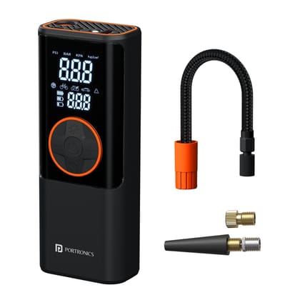 Portronics Vayu 4.0 Tyre Inflator with 2-in-1 Rechargeable & Corded Power, Preset Inflation Modes, Digital Display, Flashlight Torch, Auto Shut-Off, Air Pump Compressor for Car & Bike