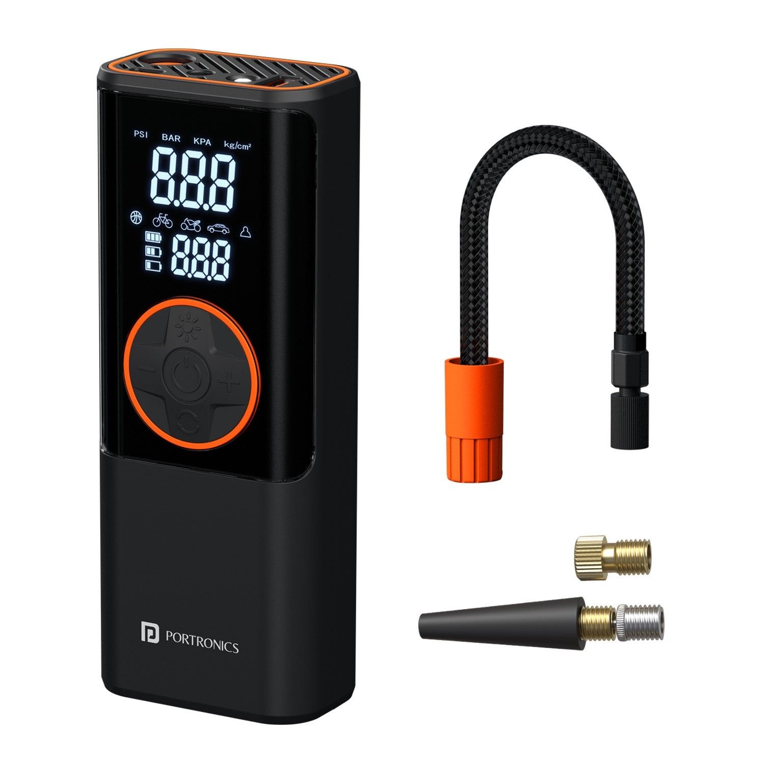 Portronics Vayu 4.0 Tyre Inflator with 2-in-1 Rechargeable & Corded Power, Preset Inflation Modes, Digital Display, Flashlight Torch, Auto Shut-Off, Air Pump Compressor for Car & Bike