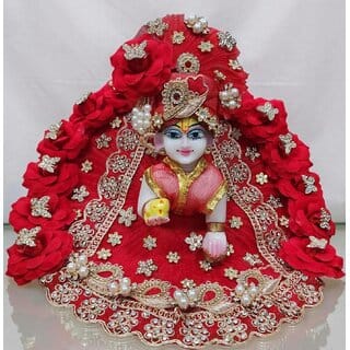 Red Designer Laddu Gopal Dress with Pagdi | Heavy Floral Thakur Ji Poshak with pearlwork