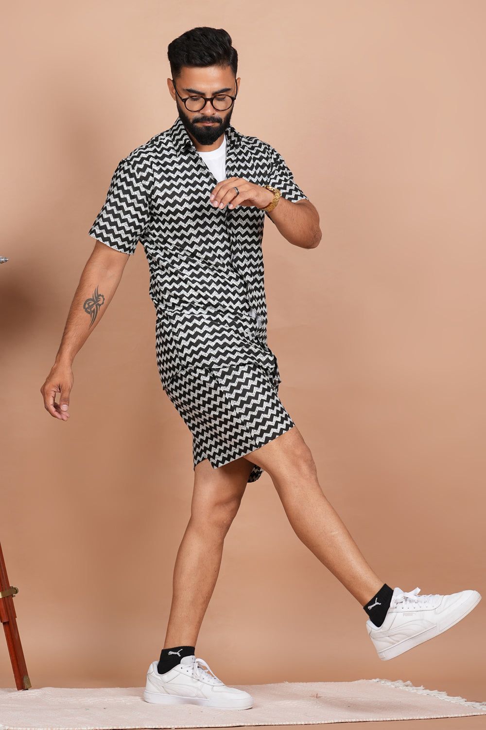 Zigzag Black and White Stripe Print Co-ords Set-S / Black / 100% Cotton