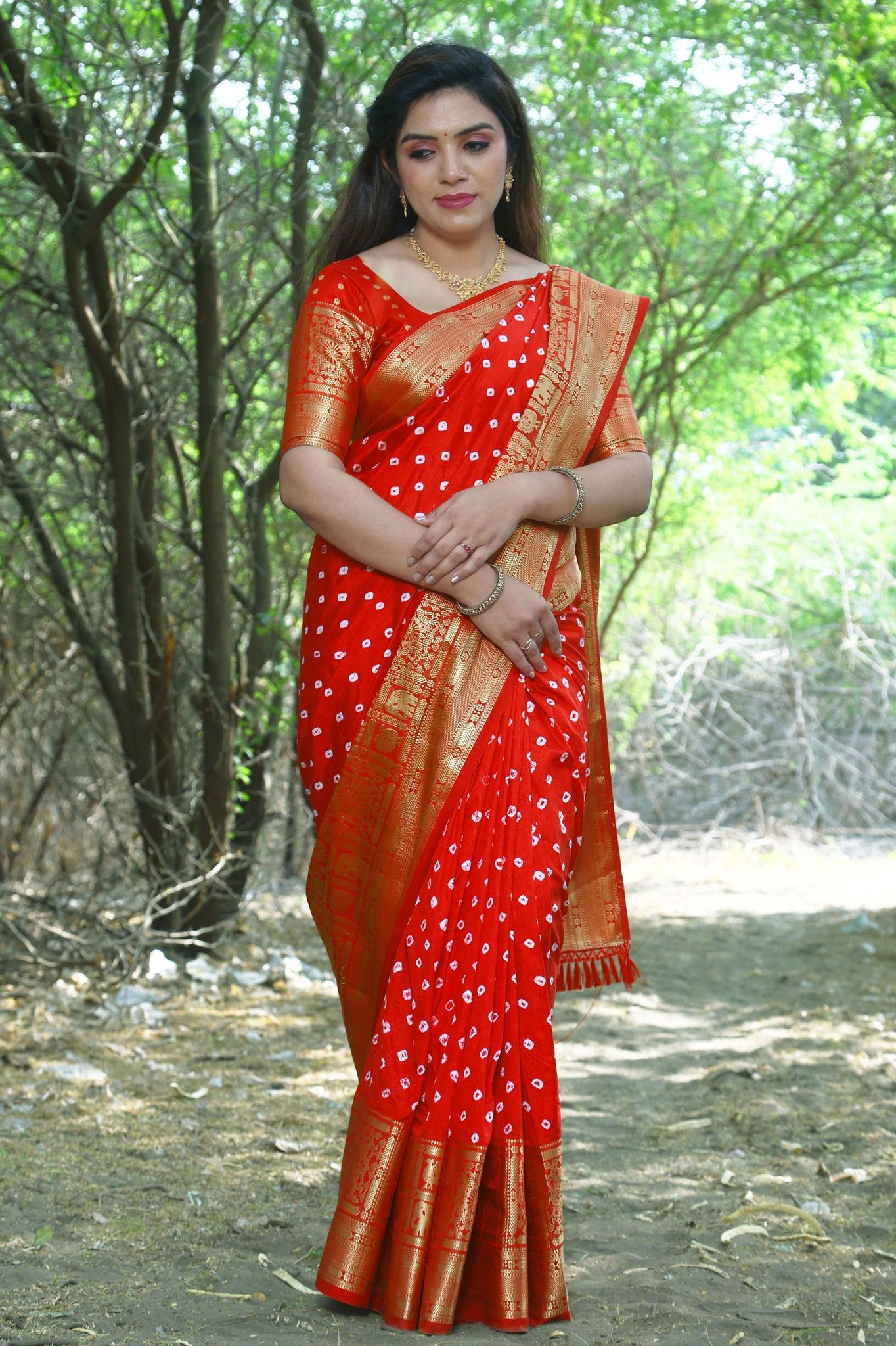 Red Bandhej Silk Saree
