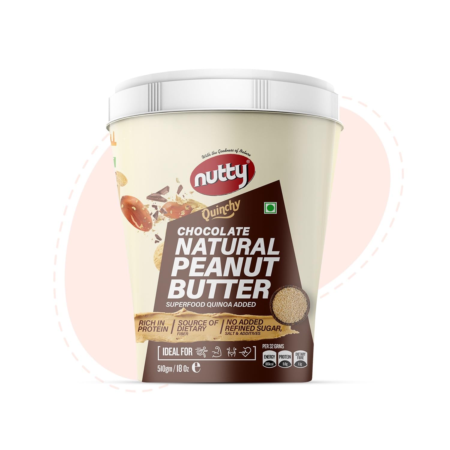 Nutty Natural Chocolate Peanut Butter Quinchy 510g, 100% Non-GMO, Vegan, 31g Protein, Superfood Quinoa Added, 0% Trans-Fat, Flavoured Peanut Butter Spread (510 gm)