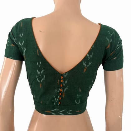 Ikat Cotton Boat Neck Blouse with V neck in Back, Short Sleeves & Potli Button Details , Bottle Green, BI1186-S