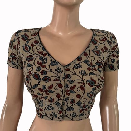 Ajrakh Cotton V Neck Blouse with Short Sleeves , Ivory ,BA1172-S