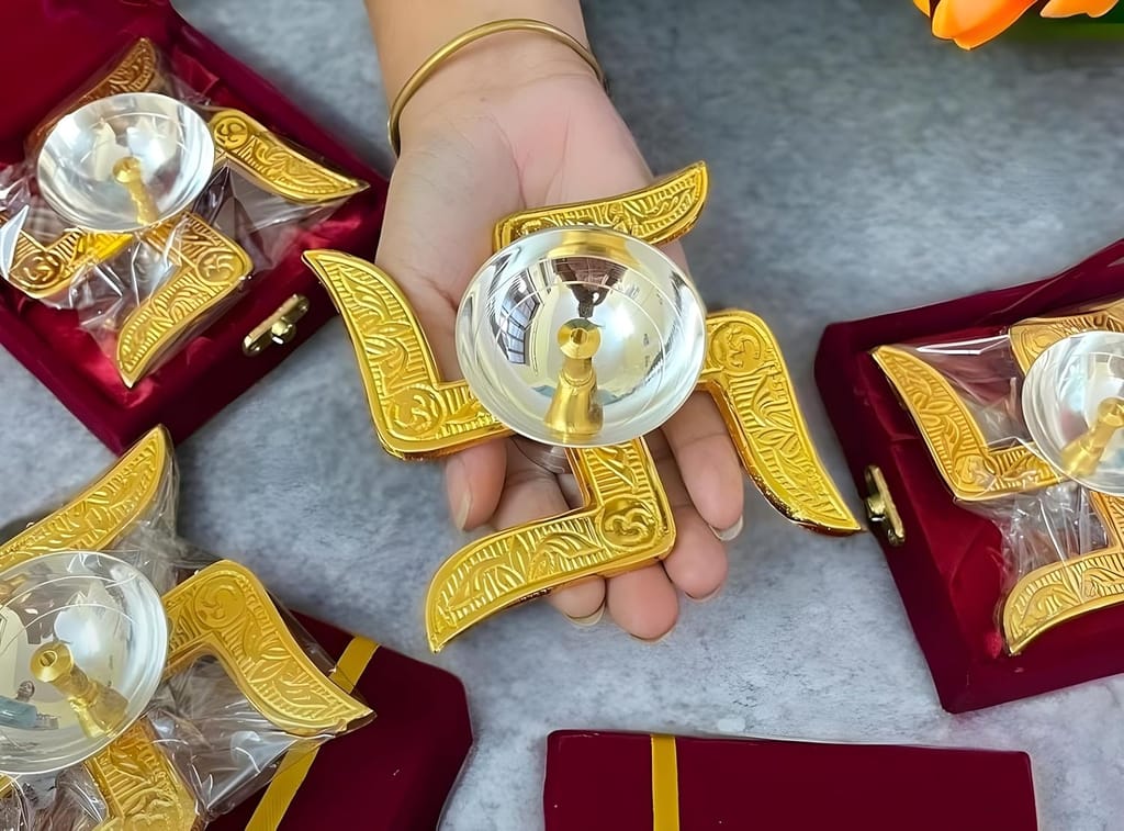 Golden Swastik Diya Set for Puja & Home Decor - Auspicious Akhand Jyot Lamp
