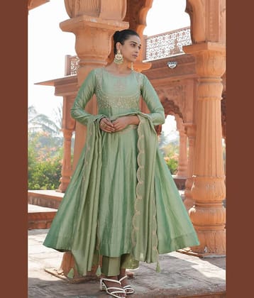 Mahek Fashion Women Silk Blend Embroidered Anarkali Kurti With Pants ( Mint Green )