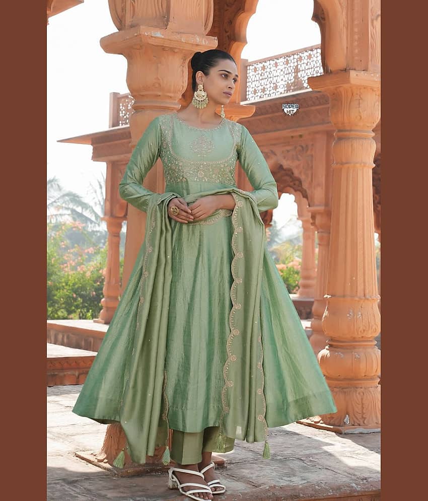 Mahek Fashion Women Silk Blend Embroidered Anarkali Kurti With Pants ( Mint Green )