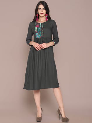 Grey Embroidered Front Open Dress-S