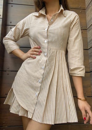Beige Striped Shirt Dress-XXS / Beige