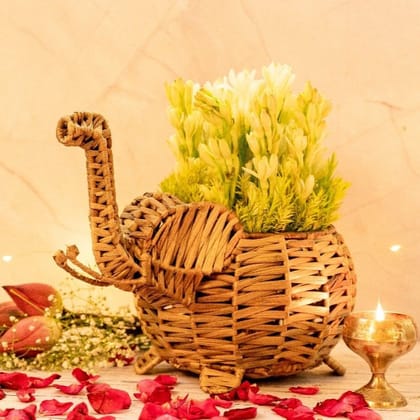 Wicker Elephant Basket - Water Hyacinth and Metal