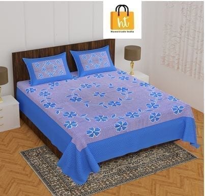 3001-Hometrade India-Standard King Size (90*108 Inches)-Pure Cotton Jaipuri Double Bedsheet With Matching Pillow Cover