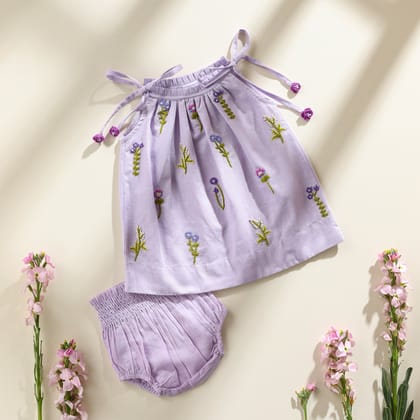 Poshaak Hand Embroidered Gather Top with Underpants - Lavender-Lavender / 6-9 months
