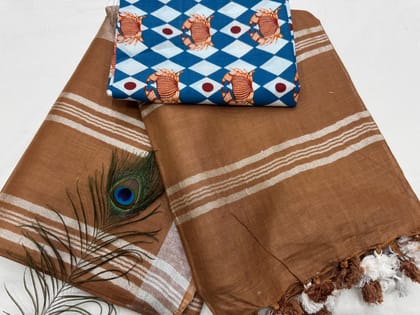 Cotton Linen saree with printed cotton blouse