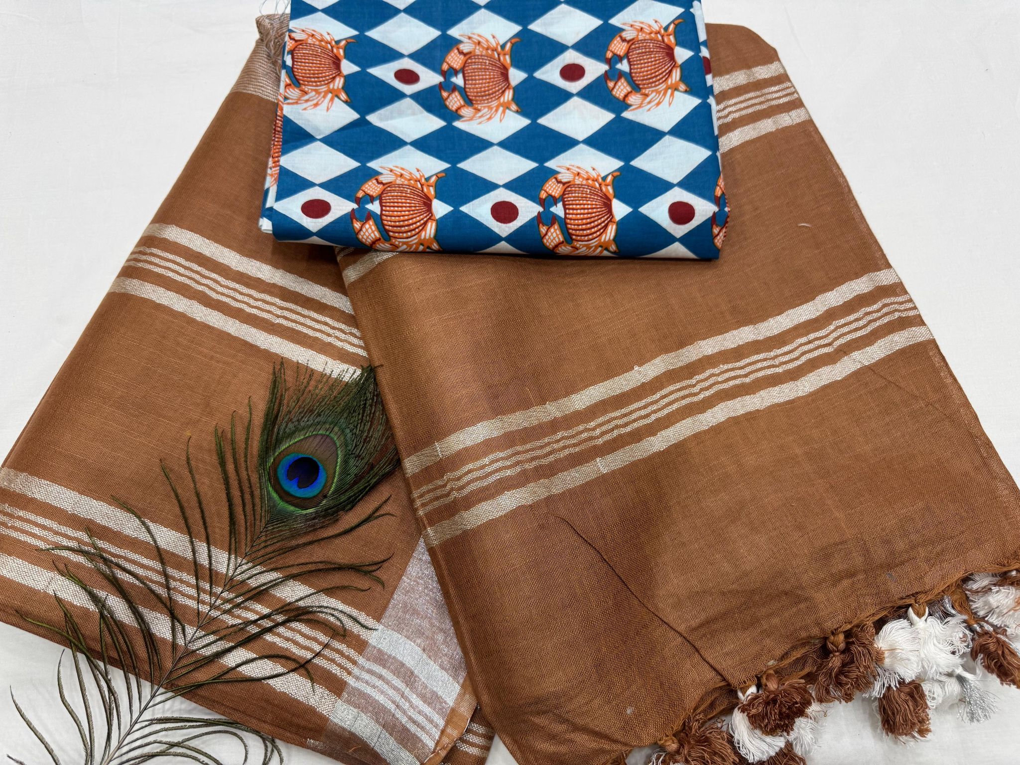 Cotton Linen saree with printed cotton blouse