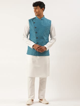 Teal Blue Cotton Jacket With White Kurta-S/38 / Pajama set