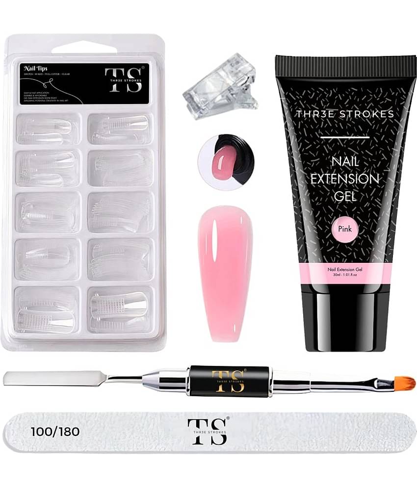 THR3E STROKES Poly Gel Nail Extension Set Nails Art Combo Kit | Polygel Nail Extension Kit (Pink) 30 g