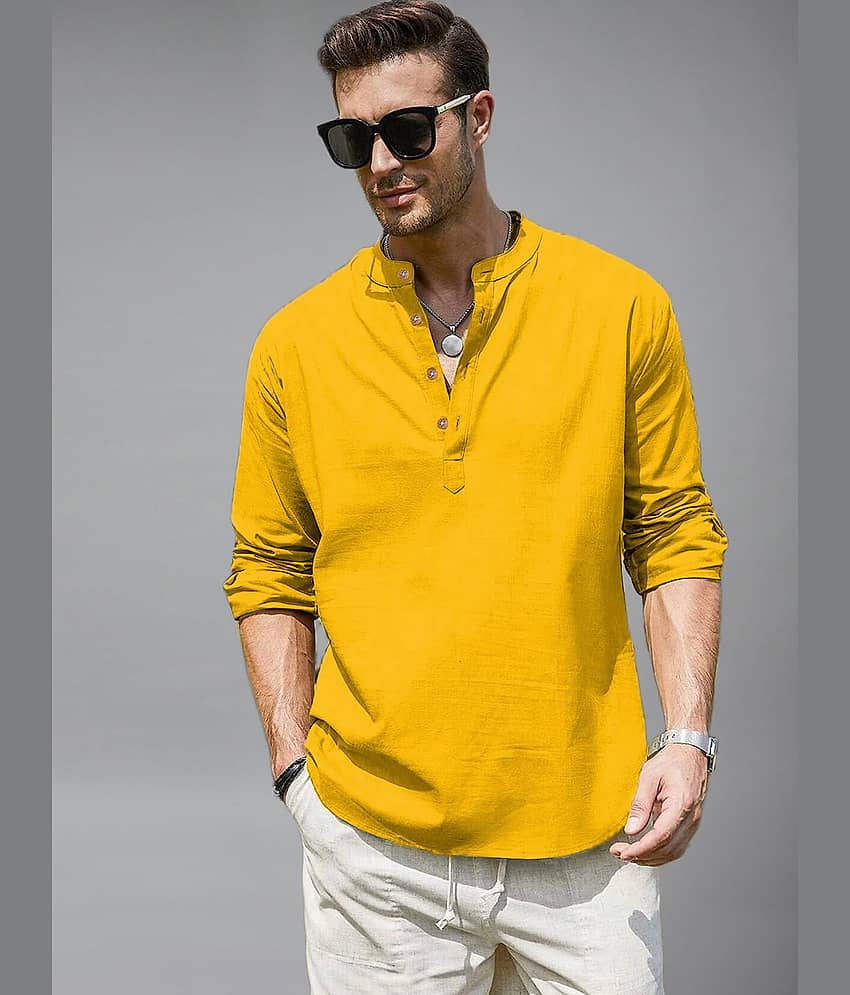 UNI VIBE Cotton Blend Plain Shirt Style Kurta For Men ( Yellow )