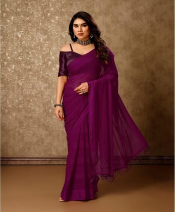 Women's Chiffon Fabric Line Saree with Unstitched Blouse (Wine, 5-6 Mtrs)