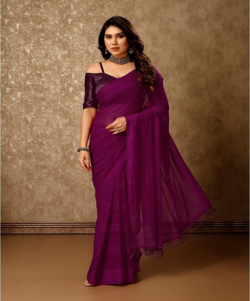 Women's Chiffon Fabric Line Saree with Unstitched Blouse (Wine, 5-6 Mtrs)