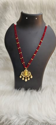 Traditional Indian Gold Plated Temple Pendant Necklace Set with Red Beads