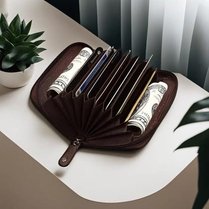 LOREM Small Pocket-Sized 9 Slot ID, Credit-Debit Card Holder with Closing Zipper for Men & Women - Brown WL601-UF