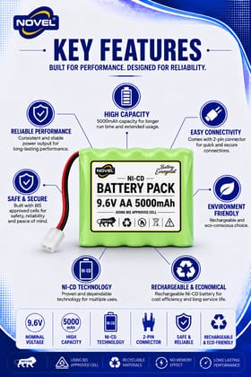 NOVEL 9.6V AA 5000mAh NI-CD Rechargeable Battery KET 2 PIN