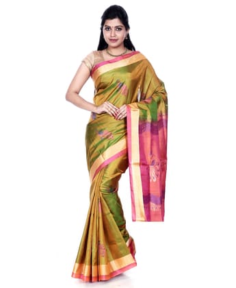 Olive Green Kanchipuram Silk Saree with Peacock Motifs