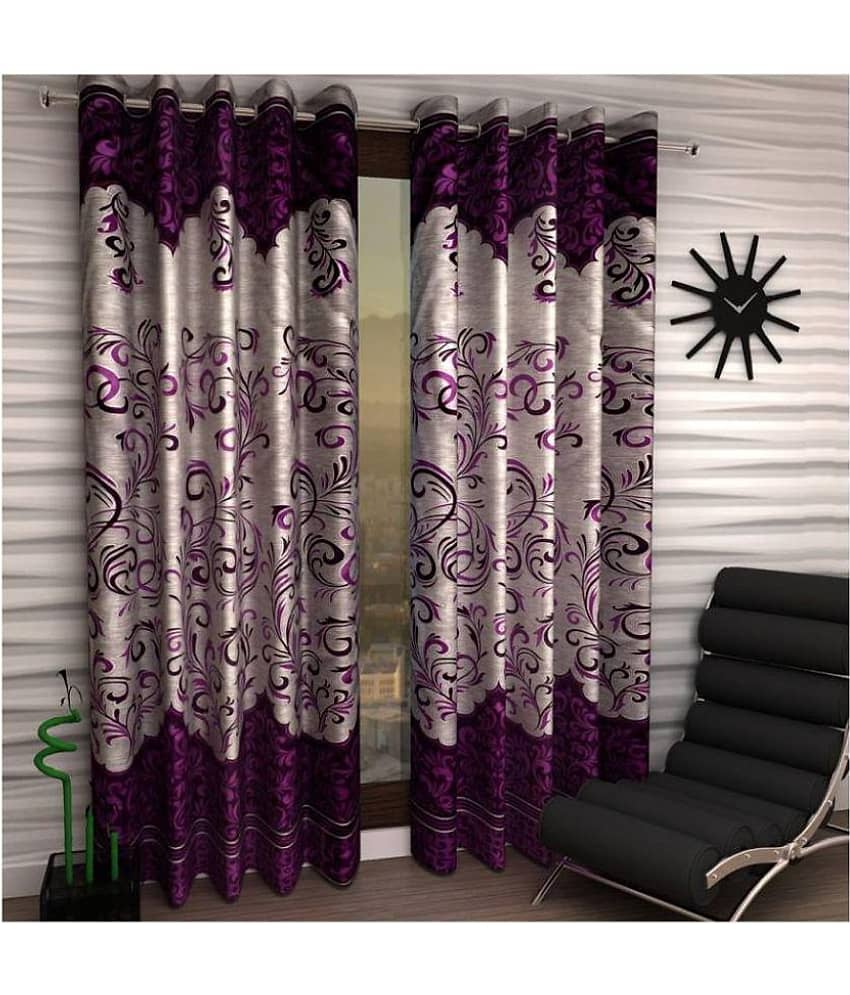 Panipat Textile Hub Floral Semi-Transparent Eyelet Door Curtain 7 ft Pack of 2 -Purple