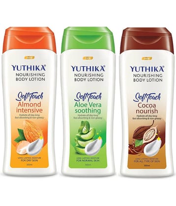 Yuthika Nourishing Body Lotion, Long Lasting, Non Greasy Bodylotion 300ml Pack of 3 (Almond, Aloe Vera & Cocoa Nourish)