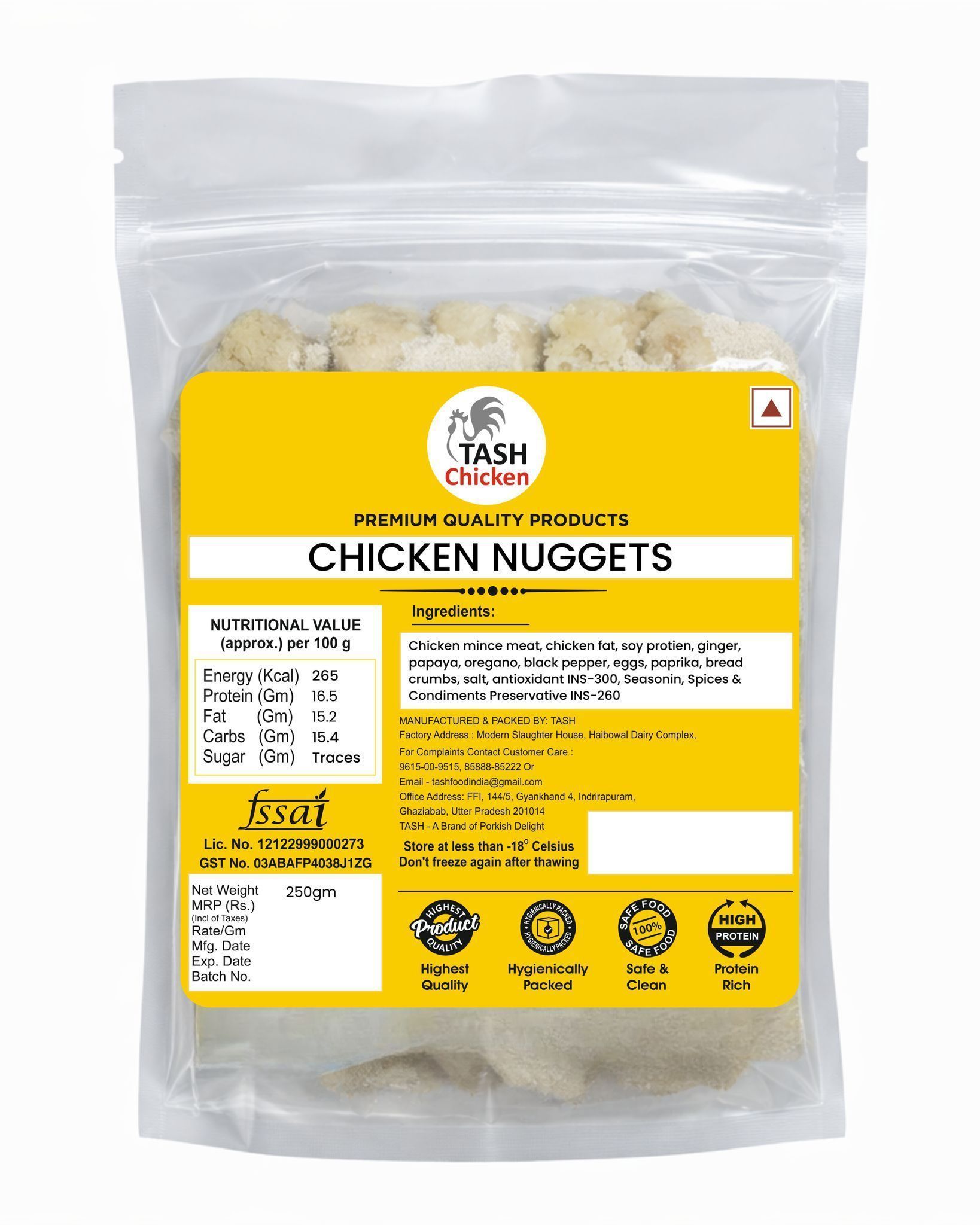 TASH Crispy Chicken Nuggets, 250g | Tender & Juicy Breaded Chicken Breast Bites | Ready-to-Cook Frozen Snack | High Protein, No Artificial Colors | Perfect for Air Fryer, Frying, or Baking