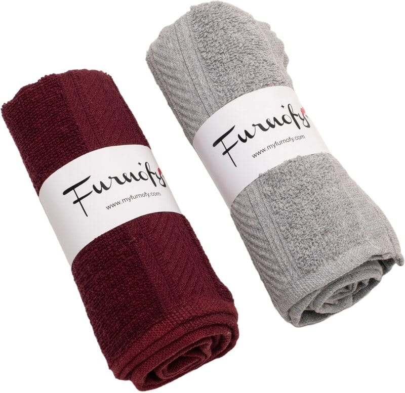 Furnofy Cotton 450 GSM Hand Towel Set Maroon, Grey (Pack Of 2)