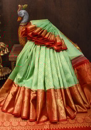 Mint Green Zari Brocade Kanjivaram Silk saree With Contrast Red Border | SILK MARK CERTIFIED